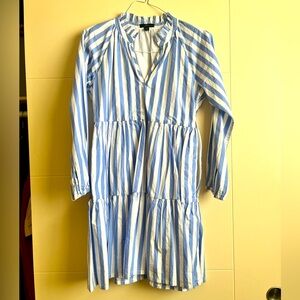 J. Crew Tiered Popover Dress In Striped Blue and White Cotton Poplin size XXS